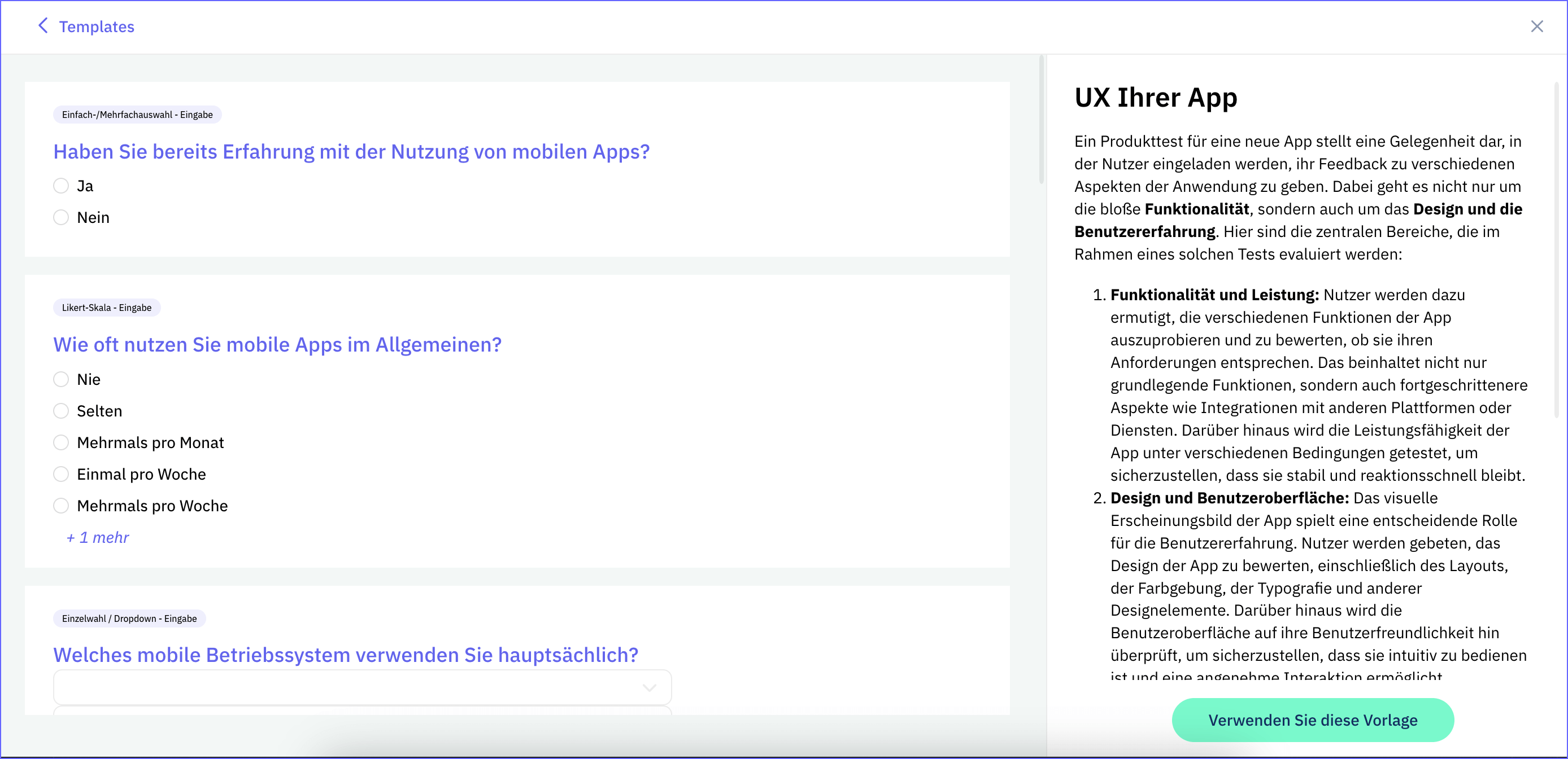 Umfrage-Vorlage von resonio zum UX Testing einer App