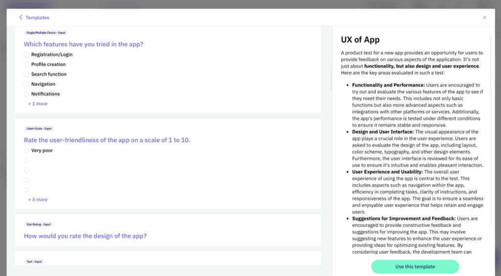 Screenshot von resonios UX App Umfrage-Template
