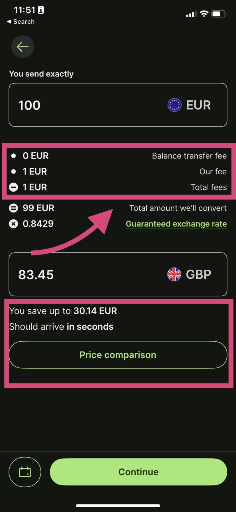 Wise fees transparency screenshot